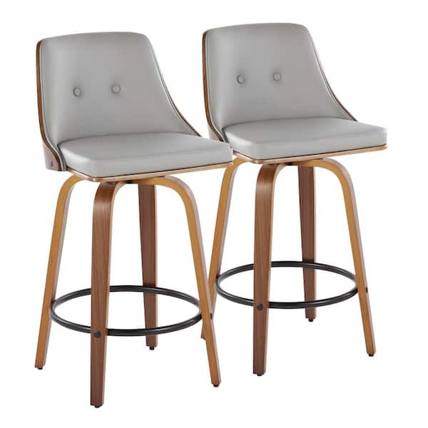 Lumisource Gianna 25.75 in. Lt. Grey Faux Leather, Walnut Wood and Black Metal Fixed-Height Counter Stool Round Footrest (Set of 2)