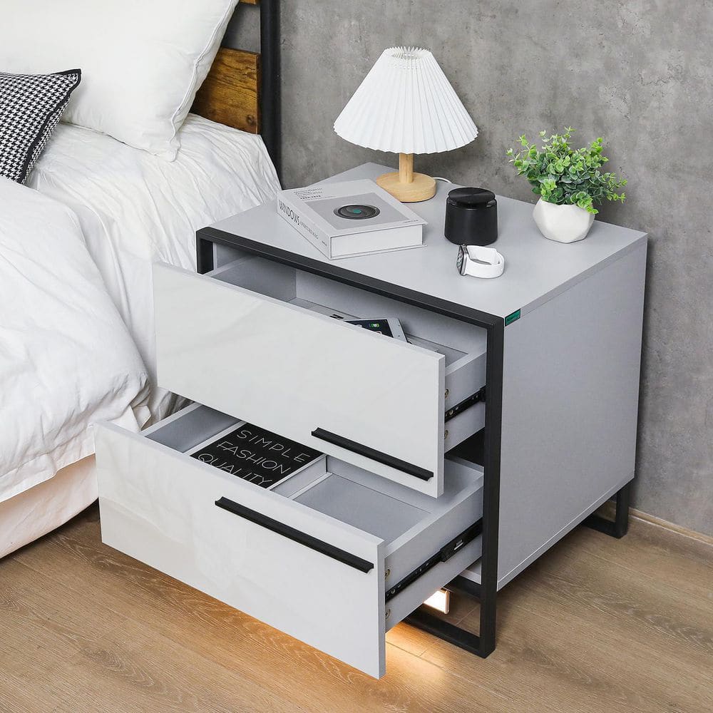 Hommpa Modern LED 2-Drawer Gray and Black Nightstand 21.7 in. H x 21.7 in.  W x 17.7 in. D with Motion Sensor Light SKUJ31879 - The Home Depot