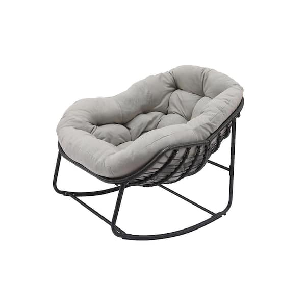 Sudzendf 1-Piece Metal Rattan Outdoor Rocking Chair Rocker Recliner Chair with Light Gray Cushion