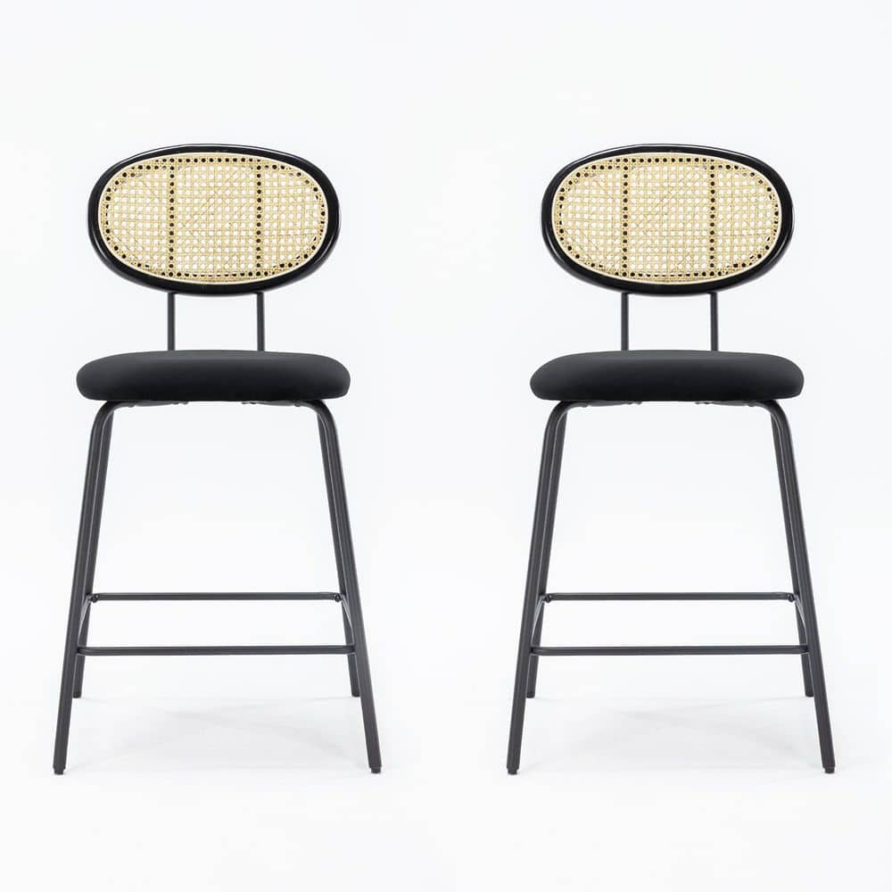 LUE BONA 36.22 in. Black Rattan Rectangular Velvet Counter Height Bar