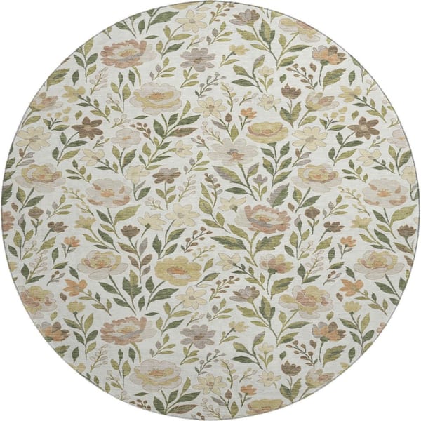Mayfield Premium Machine Washable Abstract AMF2438 Ivory 8 ft. x 8 ft. Round Rug