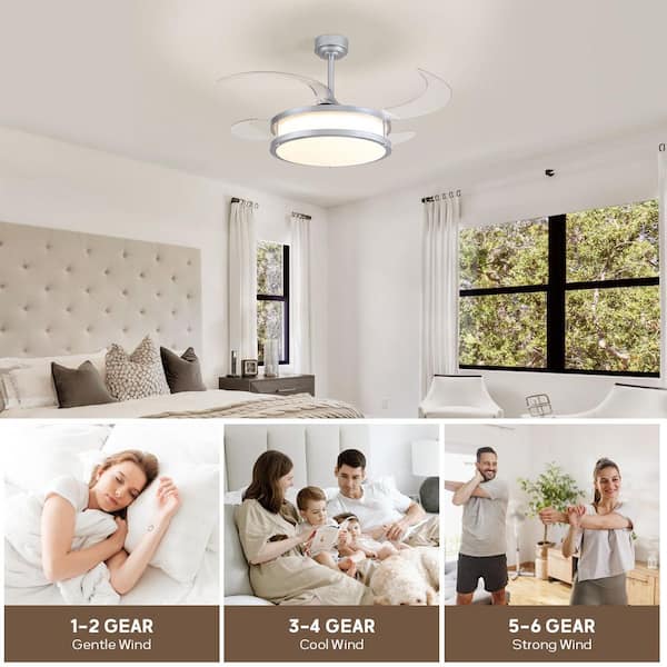 48 in. Indoor Modern Retractable Silver Downroad Mount Clear Blade Ceiling Fan with Dimmable LED with Remote Included