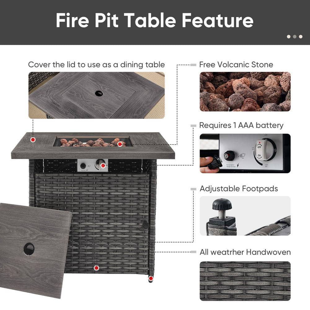 Gray Wicker Propane Fire Pit Table with Faux Wood Top