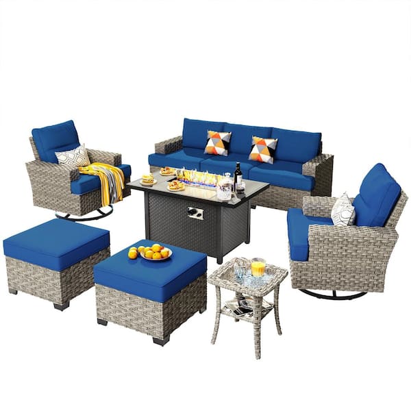 Kelleys 9-Piece Wicker Modern Outdoor Patio Conversation Sofa Set with a Fire Pit, Swivel Chairs and Navy Blue Cushions