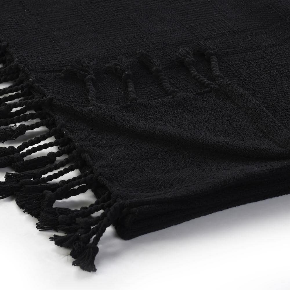 Cozy Cotton Checkered Weave Throw Blanket with Fringe - Black