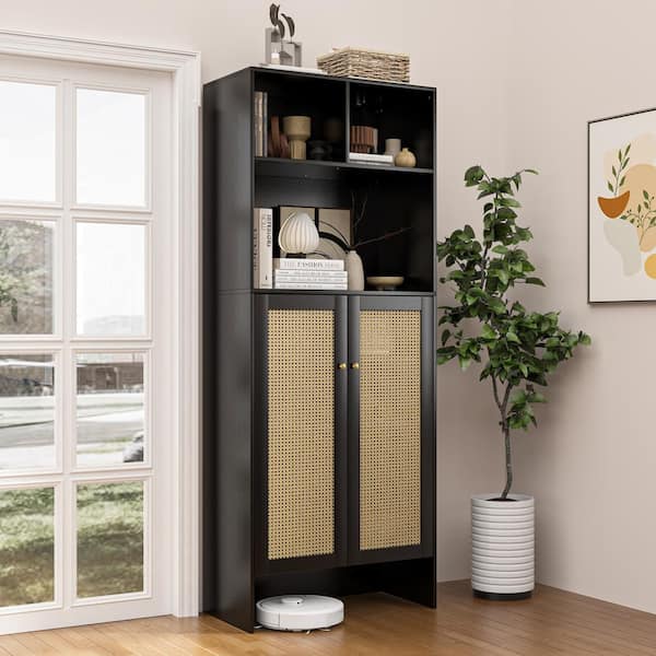 FUFU&GAGA Black 78.7 in. Wood Storage Cabinet, Bookcase, Sideboard with Rattan Doors, Open Shelves