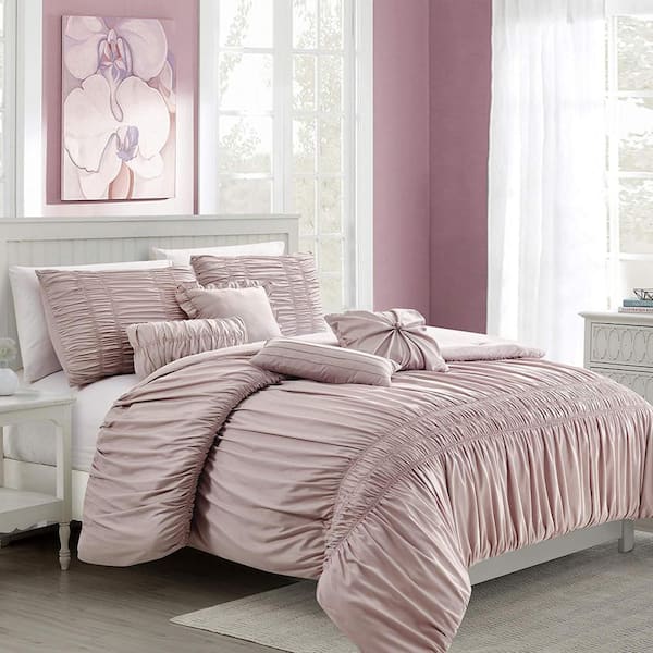 Shatex 7-Piece Pink Luxury Textured Microfiber Polyester King Comforter ...