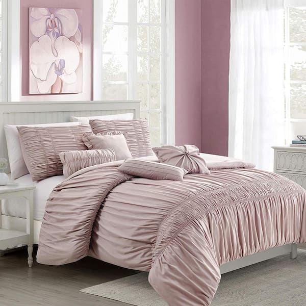 Shatex 7-Piece Pink Luxury Textured Microfiber Polyester Queen Comforter Set