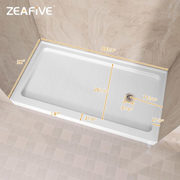 Zeno 60 in. L x 32 in. W Acrylic Alcove Shower Pan Base with Right Drain in White Non-Slip Single Threshold Shower Tray