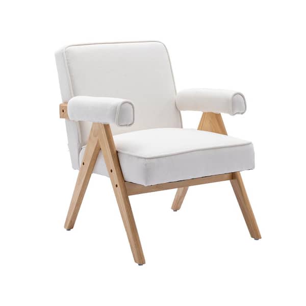 HOMEFUN Mid-Century Modern Ivory Linen Fabric Accent Armchair with Solid Wood Frame