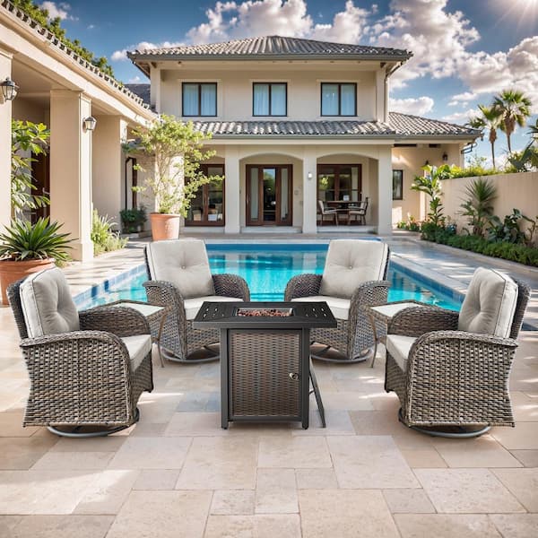 Brown 7-Piece Wicker Patio Fire Pit Set, Outdoor 4-Person Seating Set with Olefin Beige Cushions and Swivel Rockers
