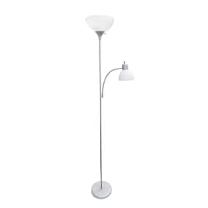 71.5 in. Silver Tall Traditional 2-Light Mother Daughter Metal Floor Lamp with Torchiere n Reading Light Plastic Shades