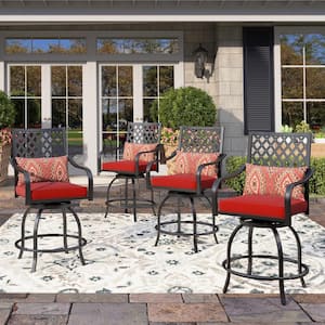 Swivel Metal Outdoor Bar Stools with Red Cushion (4-Pack)