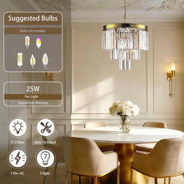 Maxax Annapolis 7-Light 19.7 in. Brass Crystal Modern Tiered