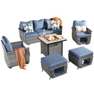 Echo Black 6-Piece Wicker Multi-Functional Patio Conversation Sofa Set with a Fire Pit and Denim Blue Cushions