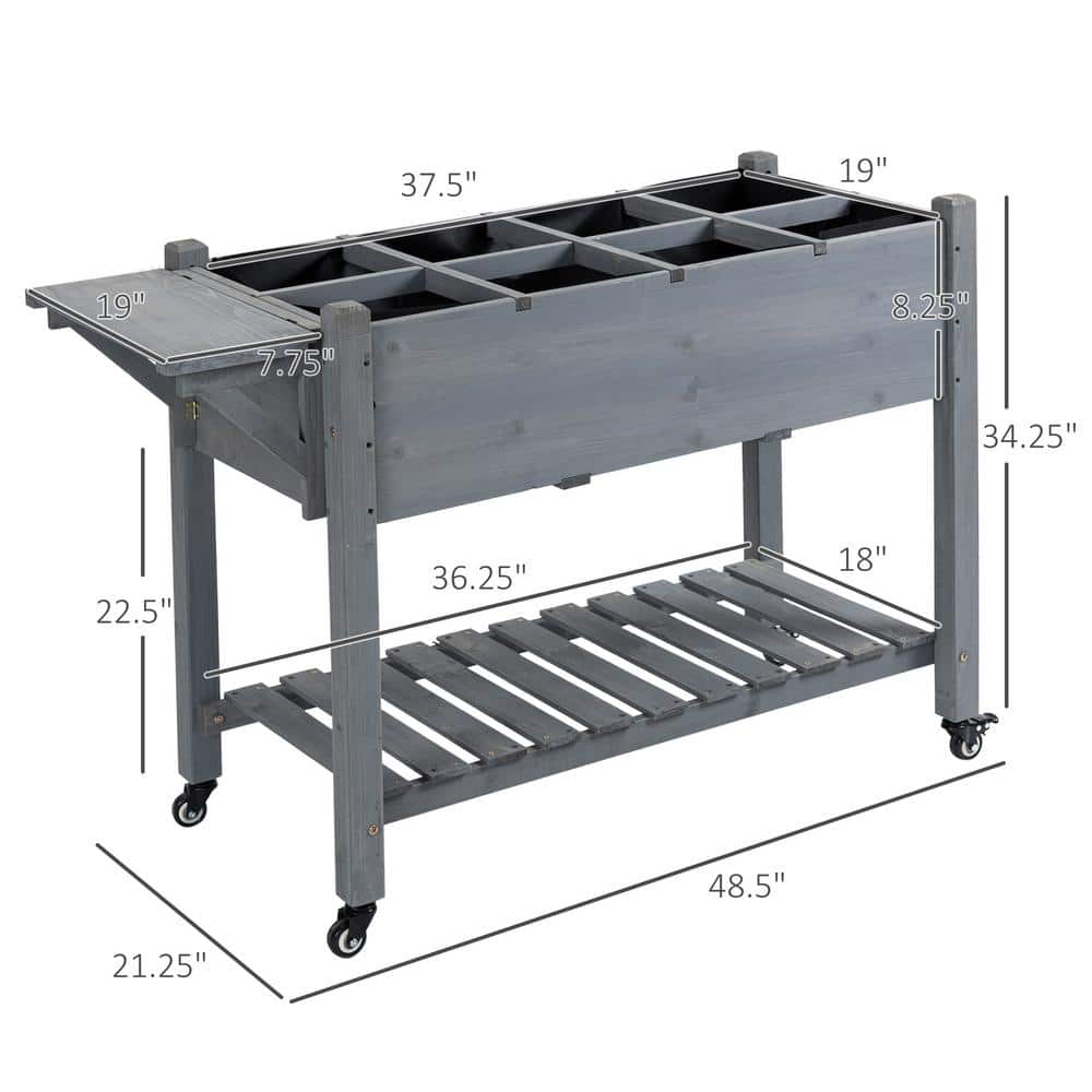 Gray Wooden Raised Garden Bed with Storage Shelf and Wheels