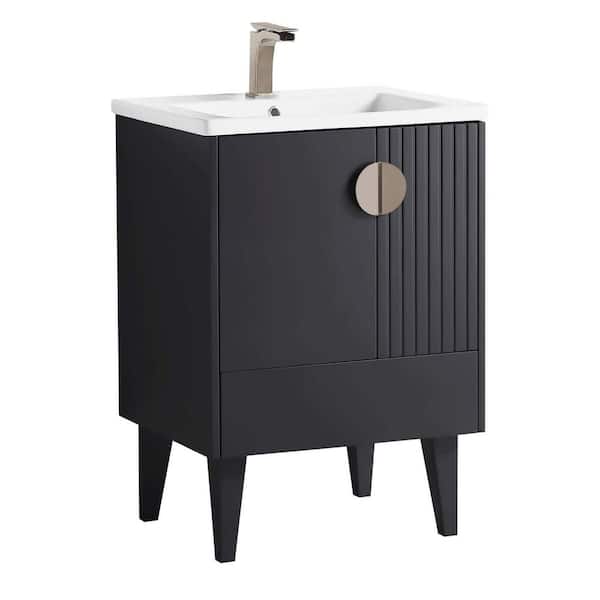Venezian 24 in. W x 18.11 in. D x 33 in. H Bathroom Vanity Side Cabinet in Black Matte with White Ceramic Top
