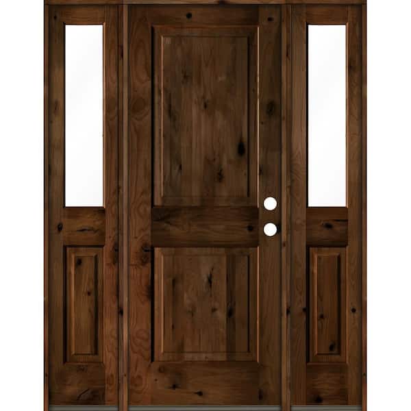 Krosswood Doors 60 in. x 80 in. Rustic Knotty Alder Sq Provincial Stained Wood Left Hand Single Prehung Front Door