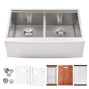 33 in. Low-Divide Farmhouse Apron Double Bowl 50/50 16 -Gauge Stainless Steel Workstation Kitchen Sink with Bottom Grid