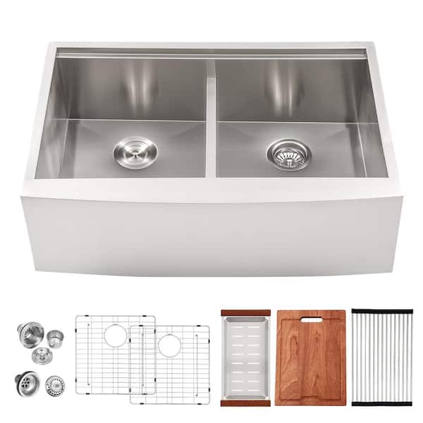 Sarlai 33 in. Low-Divide Farmhouse Apron Double Bowl 50/50 16 -Gauge Stainless Steel Workstation Kitchen Sink with Bottom Grid