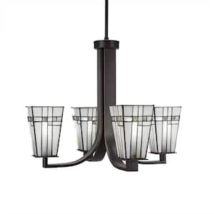 Aspen 4-Light Dark Granite Chandelier, Square Chandelier with 5 in. Square Art Glass Glass Shades, No bulbs included