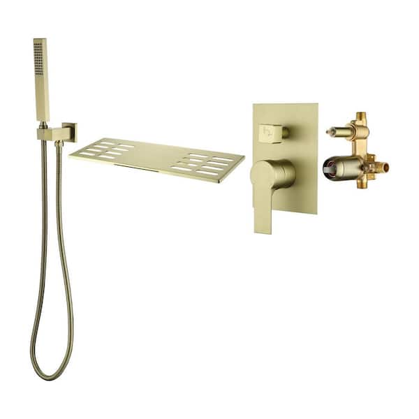 Single-Handle Wall-Mount Roman Tub Faucet 1.8 GPM with Handheld Shower Head in Gold