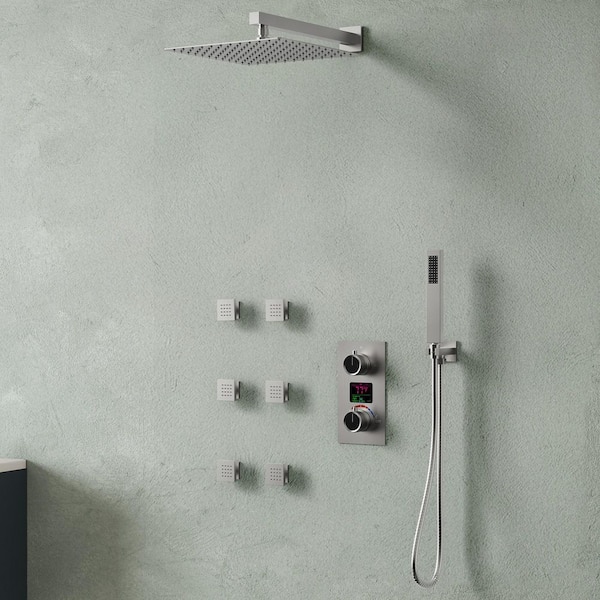 EVERSTEIN Knobs 3-Spray 12 in. Thermostatic Rain Dual Shower Head Fixed and Handheld Shower Head in Brushed Nickel 2.5 GPM