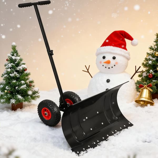 40.4 in. Metal Handle Rolling Snow Pusher Shovel with Steel Blade, Snow Shovel Pusher Plow with Wheels