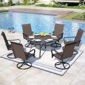 7-Piece Metal Round Outdoor Dining Set with Brown Wicker High-back Swivel Chairs