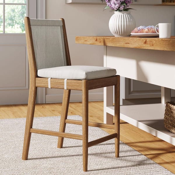 Kayden Brushed Light Brown Solid Wood with Woven Rope Backrest and Upholstered Bar Stool