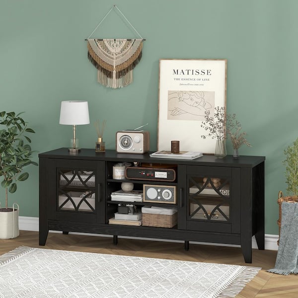 59 in. W Black TV Stand with 1-Drawers Fits TV' s up to 65 in. 4-Adjustable Shelves