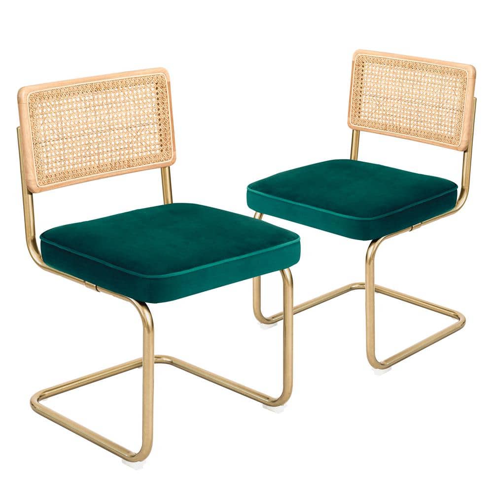 Mid-Century Modern, Natural Mesh Rattan Backrest, Upholstered Velvet Seat A