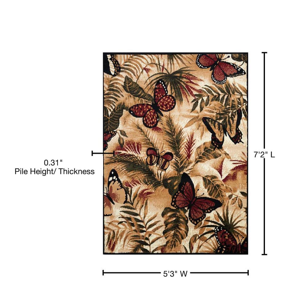 Multicolor Butterfly Jungle Polypropylene Area Rug 5' x 8'
