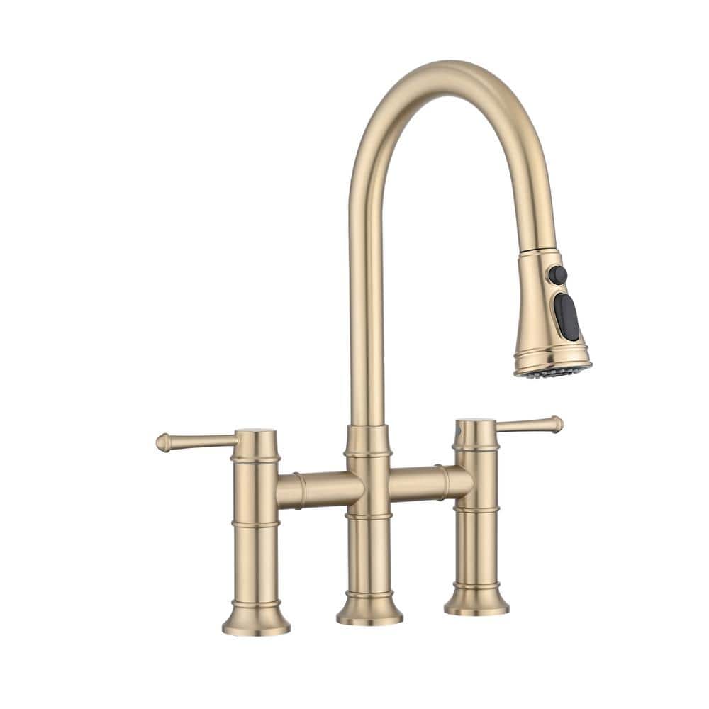 Double Handle Bridge Kitchen Faucet with Pull-Down Sprayhead in Brushed Gol