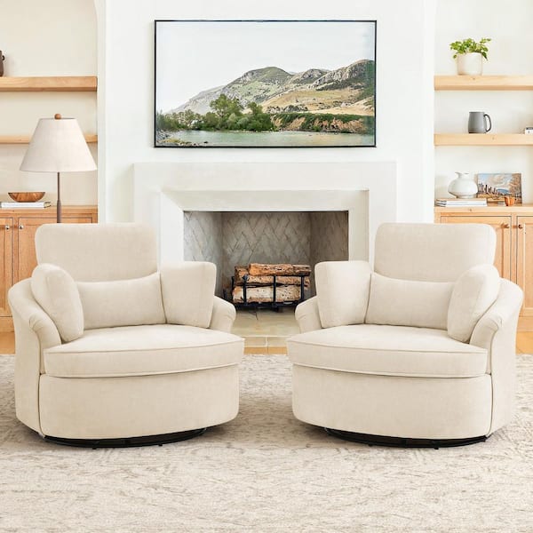 Cirys Beige Chenille Upholstered 360° Swivel Barrel Chair with 3 Removable Pillows Swivel Accent Chair Set of 2