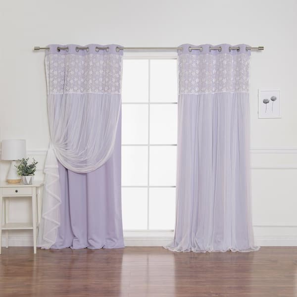 Best Home Fashion Lilac Floral Lace Grommet Overlay Blackout Curtain - 52 in. W x 84 in. L (Set of 2)