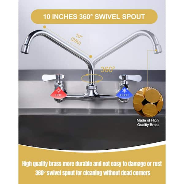 Commercial Faucet with 10 in. Swivel Spout, Double Handle Wall Mounted Standard Kitchen Faucet in Polished Chrome