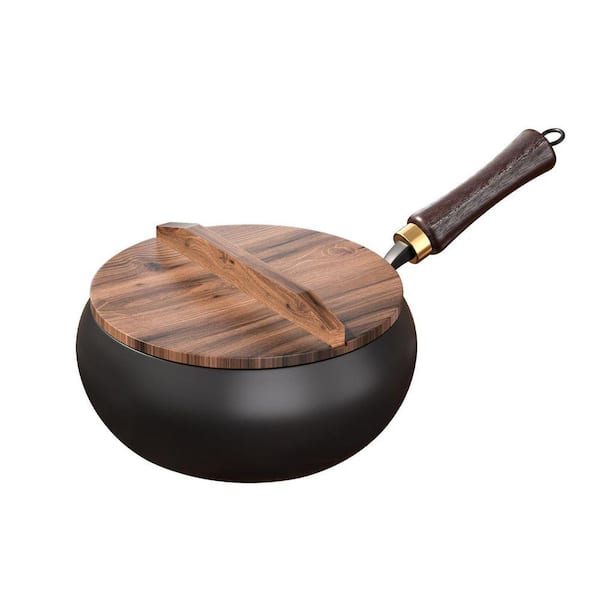 11 in. Carbon Steel Wok Black Uncoated Even Heating Deep Fry Pan with Lid Wooden Handle All Stove Compatible