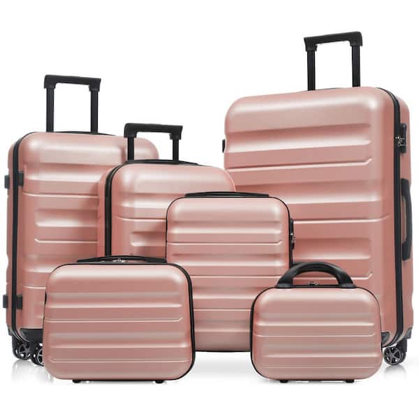 6 or more Bags 6-Piece Rose Gold ABS Hardshell 12"14"16"20"24"28" Dual Spinner Luggage Set, Carry-on and Check-in Size