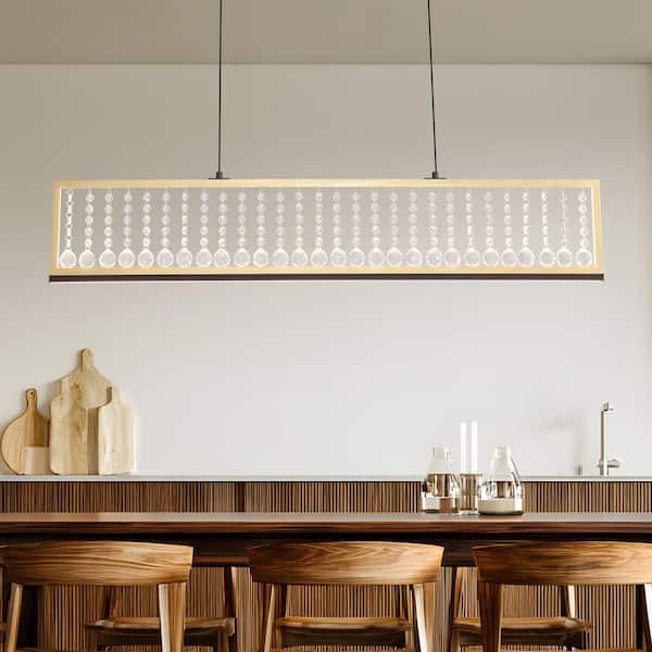 SILJOY 40in. Modern Black Dimmable Wood Frame Rectangular LED Pendant 1-Light Crystal Beaded Chandelier for Dining Room