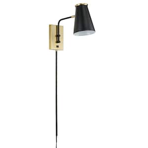 12.875 in. Matte Black and Antique Brass Modern Wall Sconce and LED Bulb
