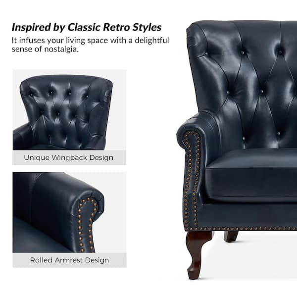 JAYDEN CREATION Eberhard Navy Genuine Leather Arm Chair with