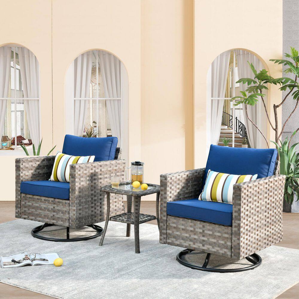 XIZZI Isabella Gray 3-Piece Wicker Outdoor Rocking Chair Set with Navy ...