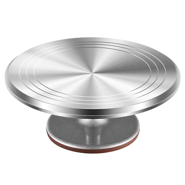 1-Tier 12 in. Silver Cake Stand with 360° Smooth Rotation, Non-Slip Surface Hidden Ball Bearings Cake Turntable for Cake