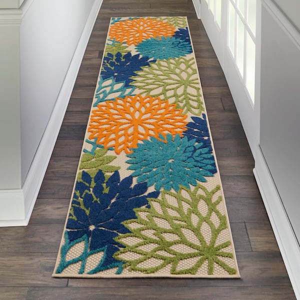 2x8 Water Resistant, Indoor Outdoor Runner Rugs for Patios, Hallway,  Entryway, Deck, Porch, Balcony or Kitchen, Outside Area Rug for Patio, Dark Blue, Floral