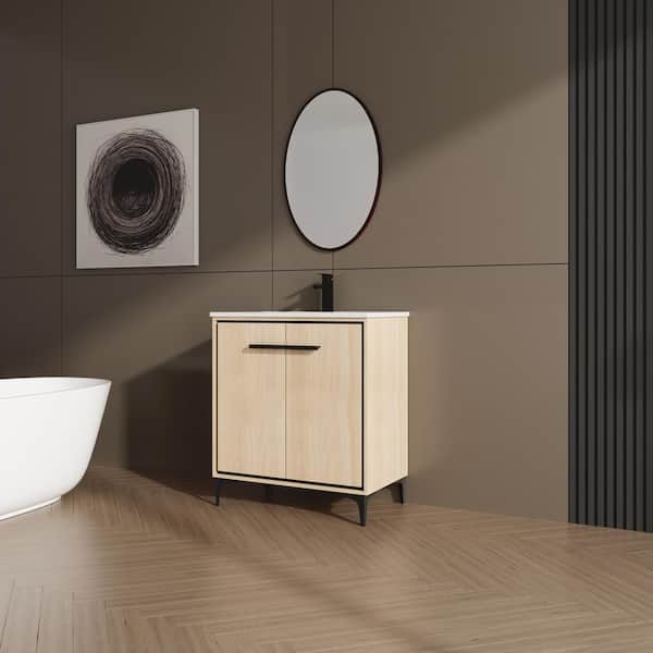 30 in. W Freestanding Single Sink Oak Bath Vanity with White Ceramic Top