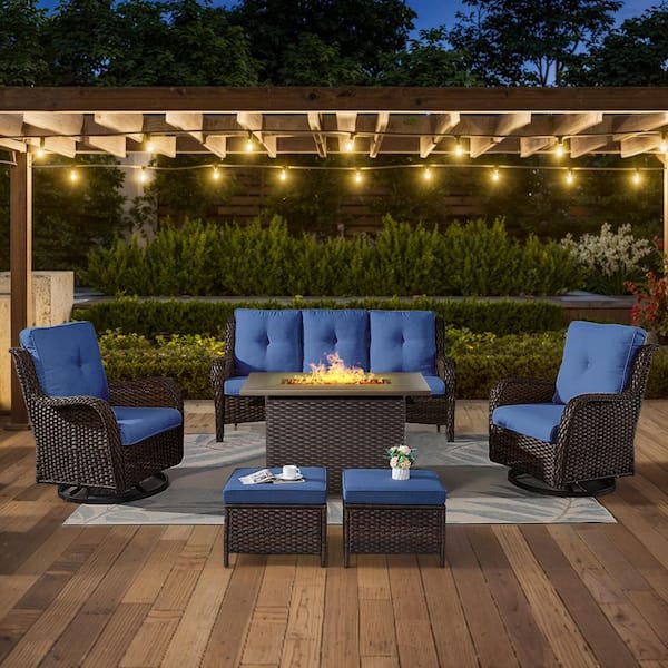 6-Piece Brown Wicker Outdoor Patio Rectangular Fire Pit Conversation Set with Blue Cushions and Swivel Rocker Chairs