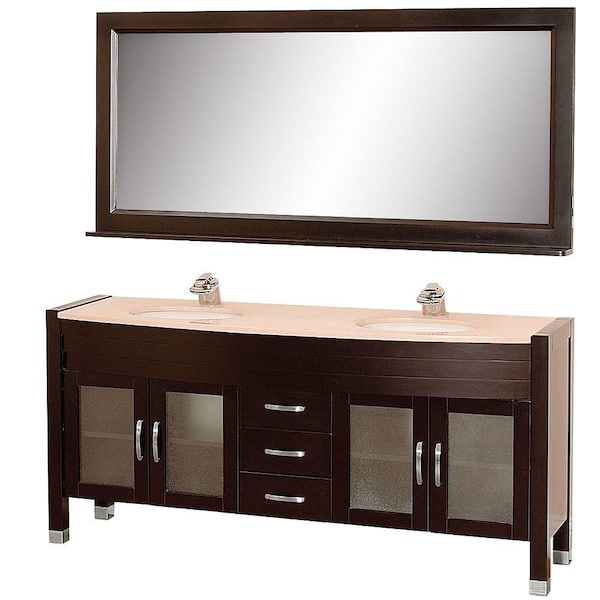 Wyndham Collection Daytona 71 in. Vanity in Espresso with Double Basin Marble Vanity Top in Ivory and Mirror