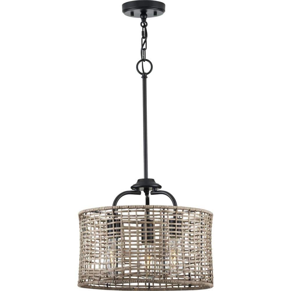 Matte Black and Rattan 3-Light Semi-Flush Mount Ceiling Light