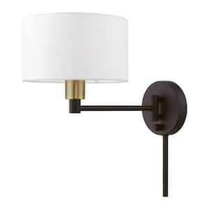 Atwood 1-Light Bronze Plug-In/Hardwired Swing Arm Wall Lamp with Off-White Fabric Shade